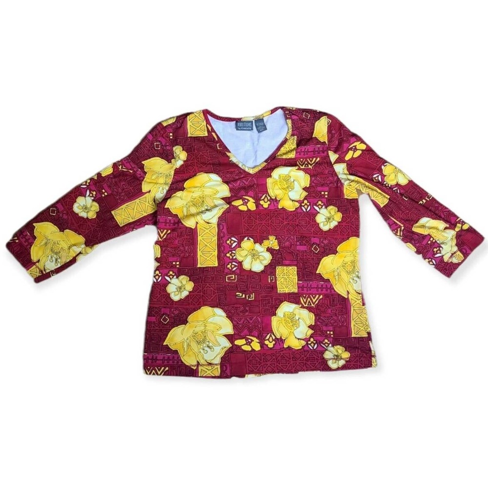 Chicos Additions Women Long Sleeve Floral Red Cotton Tshirt Size Medium(8-10)